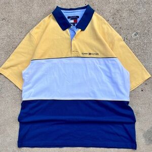 Vintage 90s Tommy Hilfiger XXL Colorblock Polo Yellow Blue Embroidered Logo